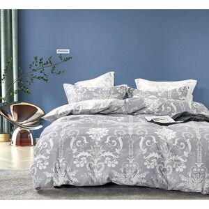Lauren Grey Damask 100% Cotton Comforter set Queen Regal Quiet Luxury Parisian‎